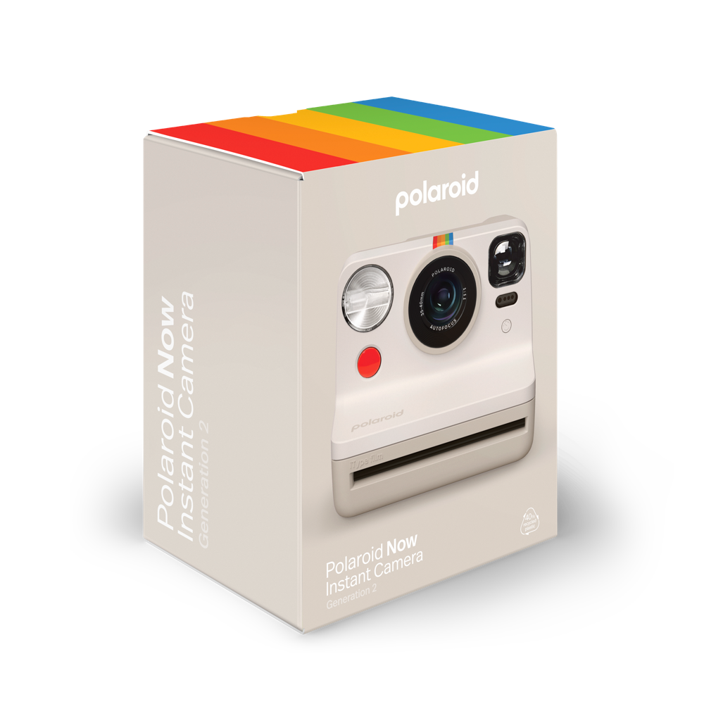 Polaroid Now Gen 2 - 復古白,自動對焦 2 鏡頭系統,由 40% 再生材料製成的經典外觀,與我們標誌性的全尺寸寶麗來膠片配合使用